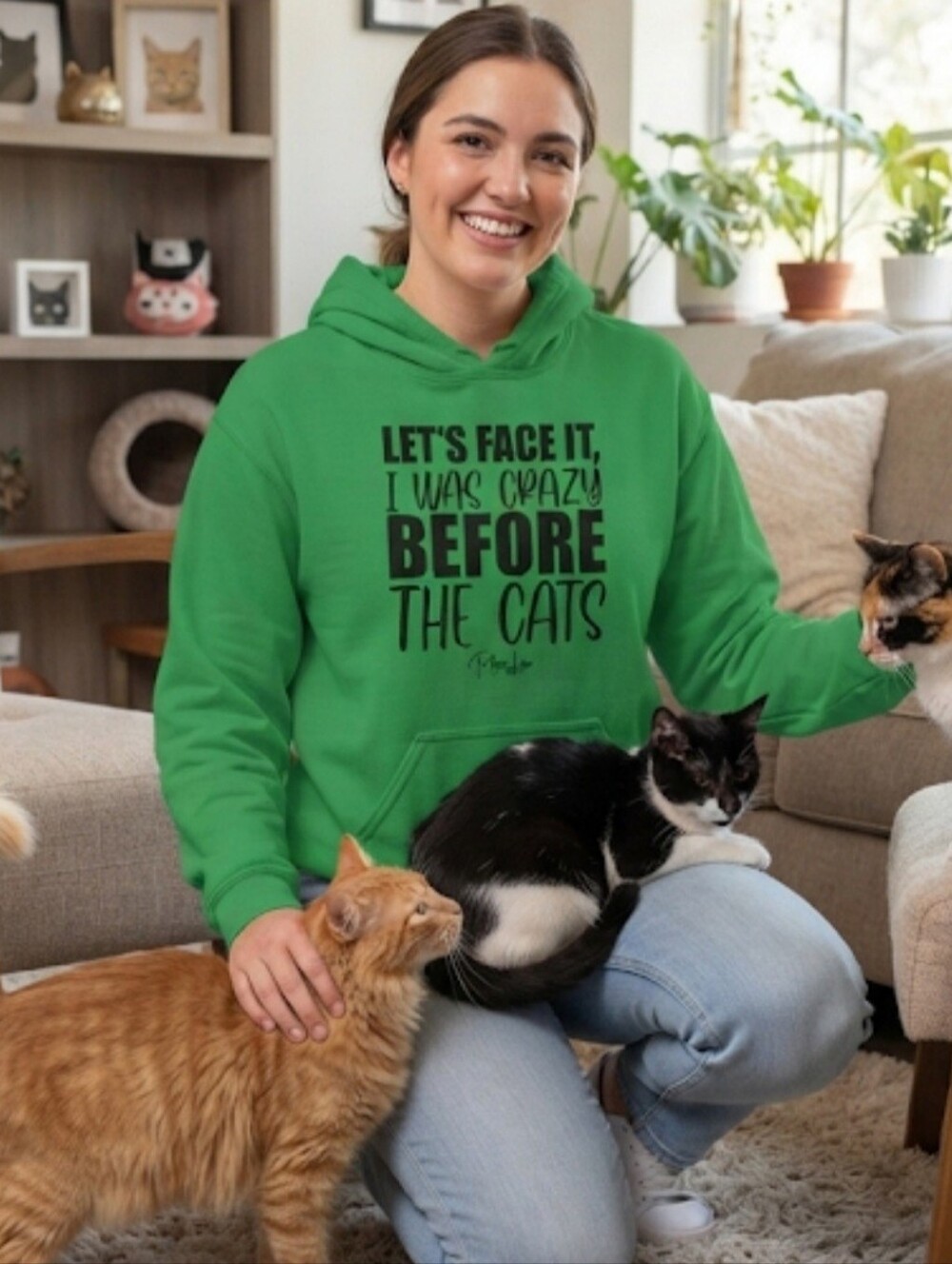 Piper Lou " Crazy Before The Cats"  Green Graphic Hoodie Sweatshirt Unisex Large